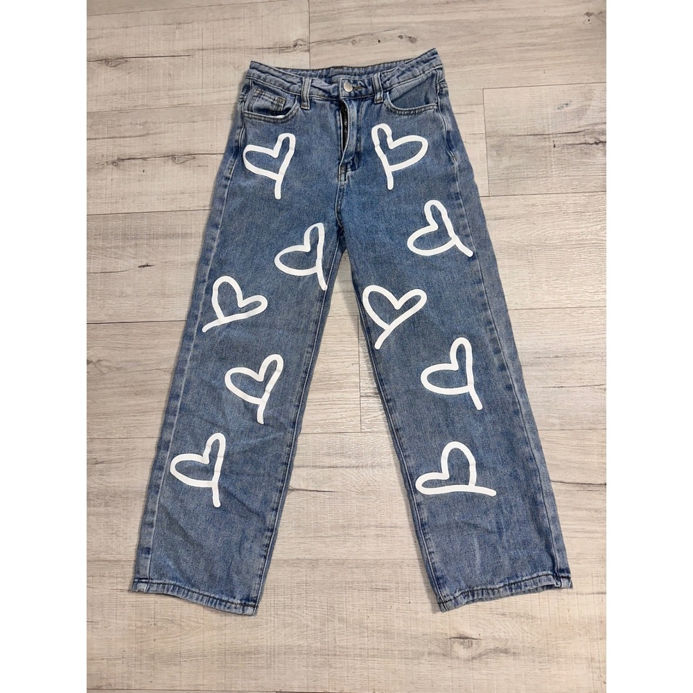 SHEIN Teen Girls Heart Print‎ Jeans Blue Medium Wash Denim Size 10-11Y